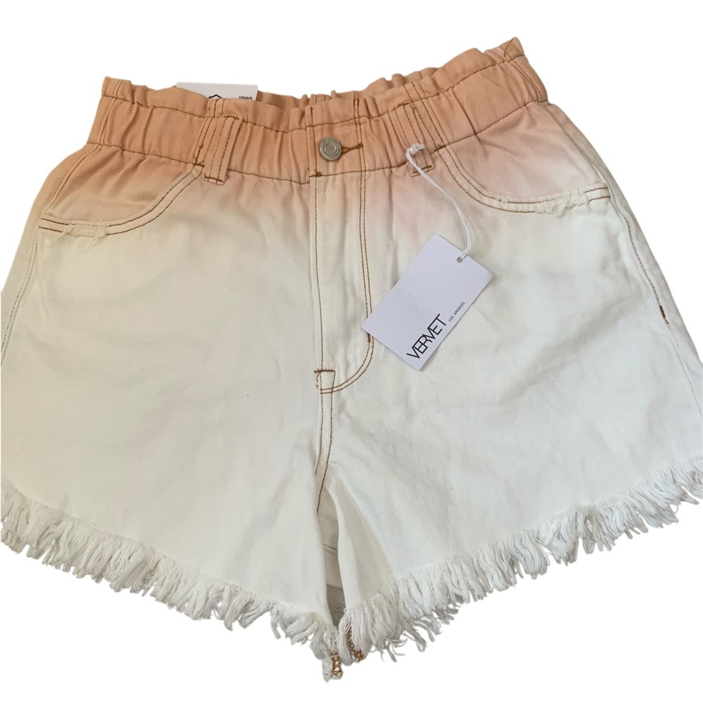 Vervet Women's Tan and White Fringe Shorts